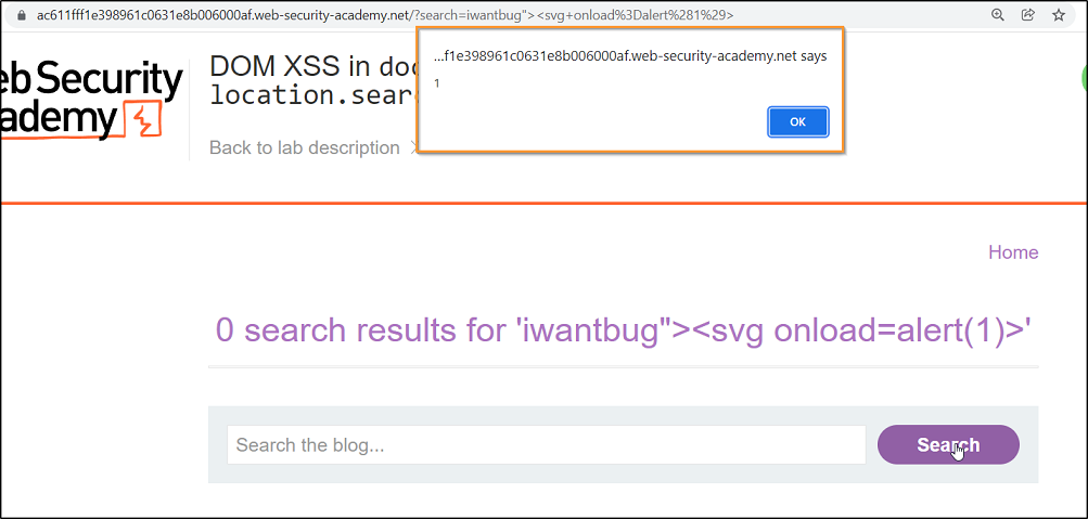 As our payload is balanced now we should input our payload in search,DOM-based XSS